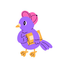 Postal Pigeon holding Package. Hand drawn vector illustration of Postage and delivery dove bird courier in cap. Funky animal character.