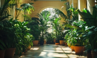 Fototapeta premium Lush green plants in pots arranged in a bright indoor setting.