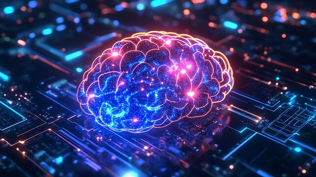 Digital AI Brain Processing: A close-up of an AI brain glowing with vibrant lights as it processes data
