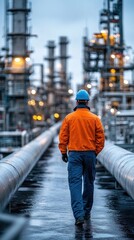 Fototapeta premium Energetic industrial landscape, male engineer walking along refinery pipelines, energy machinery blurred in the distance