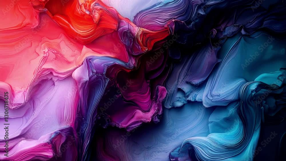 Poster Smooth streams of color flow from one color to another, creating the effect of a viscous mixture. Juicy orange-red and blue-green hues add volume and texture to the composition