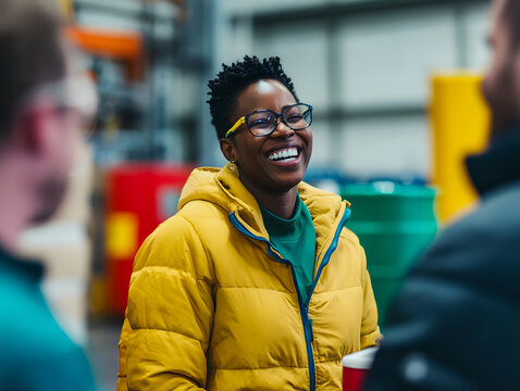 group of diverse factory workers sharing laugh during break, showcasing camaraderie and teamwork in vibrant industrial setting