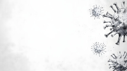 hand drawn virus sketch on minimalist banner, showcasing various virus shapes in monochromatic style, evokes sense of urgency and awareness