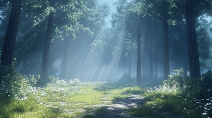 Obraz premium Sunbeams Illuminate Misty Forest Path