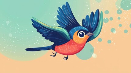 Obraz premium A colorful cartoon bird is shown in graceful flight across the image