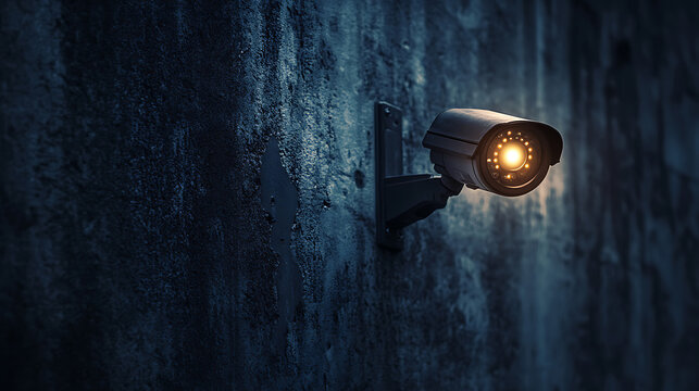 High-tech CCTV camera mounted on concrete wall in dark place