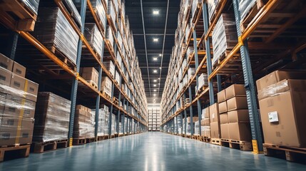 warehouse indoor view, warehouse or storage and shelves with cardboard boxes.