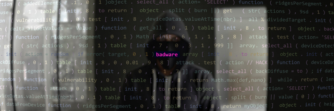 Cyber attack badware text in foreground screen, hacker hidden with hoodie in the blurred background. Vulnerability text in binary system ascii art style, code on editor screen. Text in English.