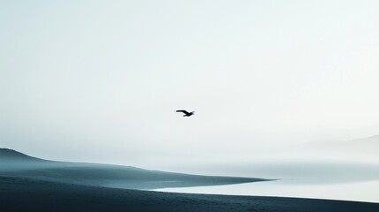 Fototapeta premium A bird soars gracefully above a misty landscape scene