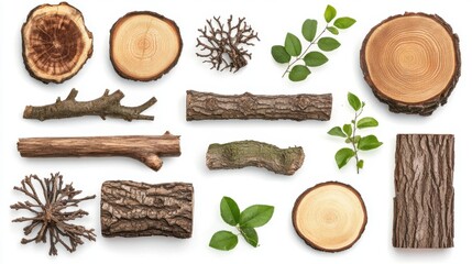 Wooden logs and branches with bark texture, round