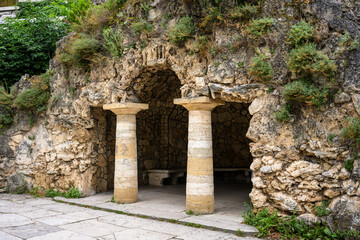 Cave in andscaped Flower Garden park in Pyatigorsk, Stavropol krai, Russia, scenery of Grotto of...