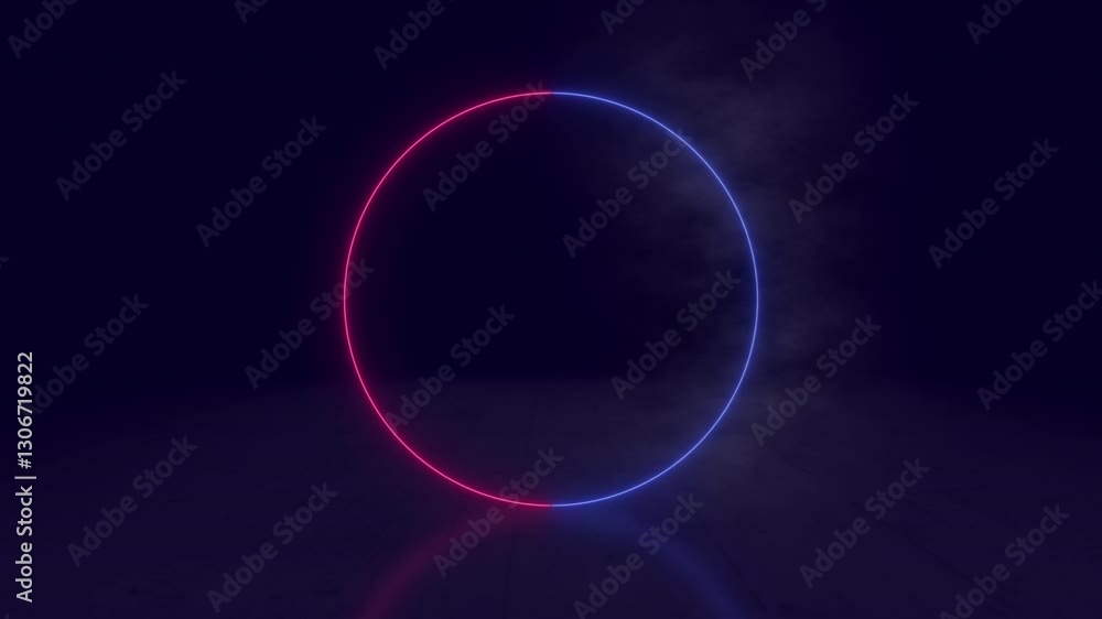 Poster a glowing neon circle frame with a blue and red/pink split color design on a dark background. abstra
