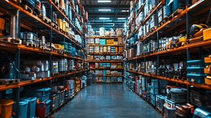 Warehouse interior, aisles of shelves, filled with products,  industrial setting