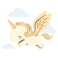 Flat vector illustration in a simple children's style. Cute unicorn pegasus flying in the sky with clouds on white background. Vector illustration