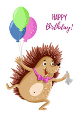 Isolated hedgehog with balloons, birthday card. Vector illustration
