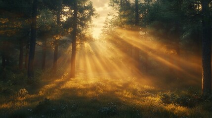 Naklejka premium Sunbeams in a Pine Forest at Dawn