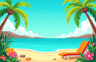 Obraz premium Beach umbrella with chairs, inflatable ring on beach sand. summer vacation concept.