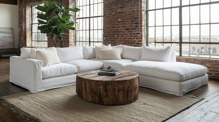 Modern sectional sofa in loft apartment with large windows and city view
