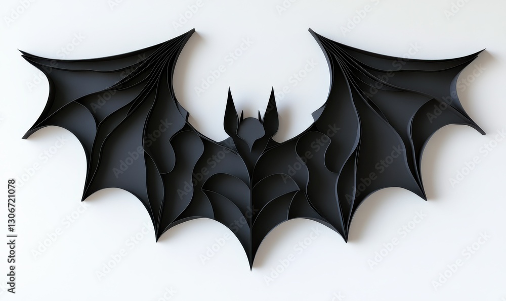 Poster abstract black paper cutout design resembling a bat, set against a soft gradient background with sub