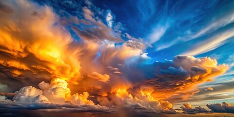 Naklejka premium Dramatic clouds with vibrant shades of blue and orange hues against a deepening sunset sky, with towering cumulus formations and wispy cirrus strands , stormy weather, cloud formations