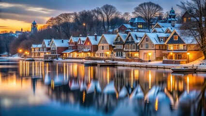 Fototapeta premium Row of historic boathouses along the Schuylkill River in Philadelphia during a snowy winter evening