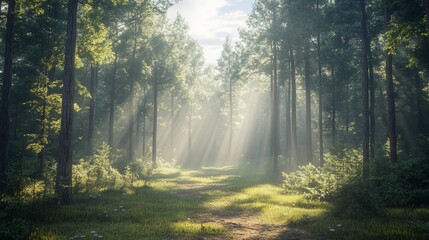 Obraz premium Sunbeams in Misty Forest Path