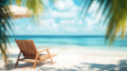 Obraz premium A beach lounge chair under palm trees with a blurred tropical ocean background. AI Generated Images.