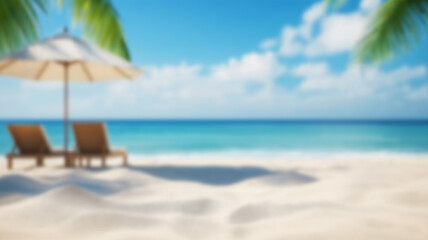 Obraz premium A beach lounge chair under palm trees with a blurred tropical ocean background. AI Generated Images.