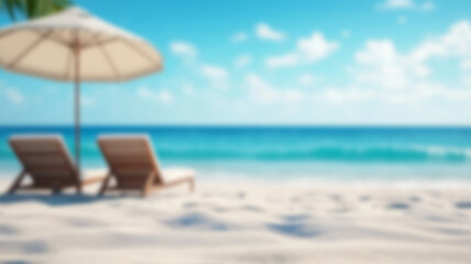 A beach lounge chair under palm trees with a blurred tropical ocean background. AI Generated Images.