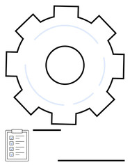 Gear representing workflow combined with checklist for task tracking, efficiency, and planning. Ideal for productivity, organization, operations, optimization, management strategy teamwork. Flat