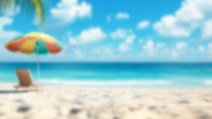 A colorful beach umbrella resting on the sand with a blurred ocean background. AI Generated Images