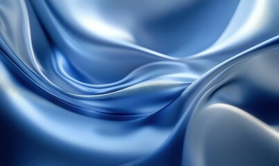 Abstract flowing satin fabric in shades of deep royal blue with smooth folds and glossy highlights, illuminated by soft light creating an elegant aesthetic