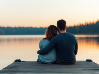 A couple embraces on a dock, enjoying a serene sunset over calm waters, capturing a moment of love and tranquility.