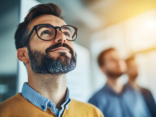 thoughtful man with glasses gazes upward, surrounded by colleagues in modern office setting. atmosphere is collaborative and inspiring, reflecting moment of creativity