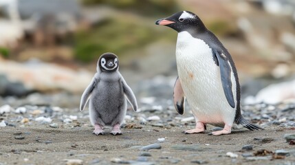 Naklejka premium A baby penguin with soft gray down feathers standing near an adult.