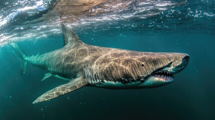 Fototapeta premium A basking shark peacefully gliding through plankton-rich waters.