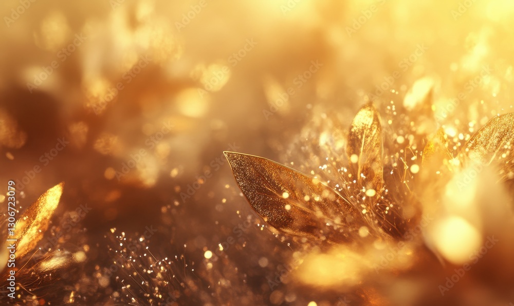 Poster golden abstract background with sparkling bokeh and warm lighting effects.