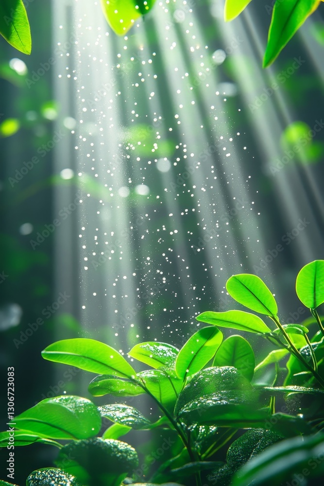 Poster sunlight filtering through lush green foliage, creating a serene forest scene with bokeh