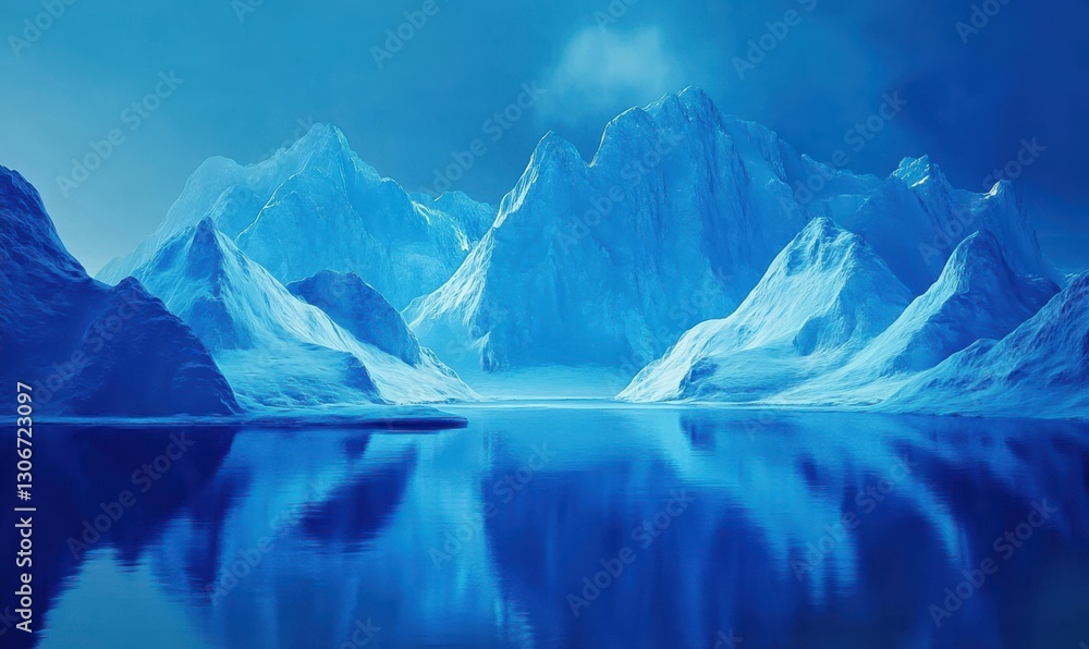 Poster abstract icy blue geometric mountains with sharp peaks and smooth valleys, illuminated by a soft col