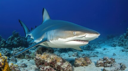 Naklejka premium A bull shark swimming near a dark abyss, disappearing into the depths.