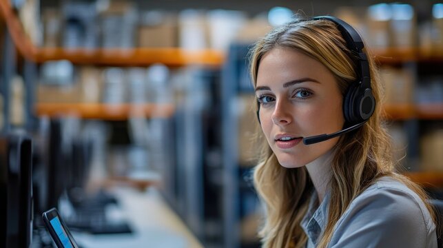 Organized warehouse scene, female worker multitasking by managing stock information on her tablet while speaking into a headset