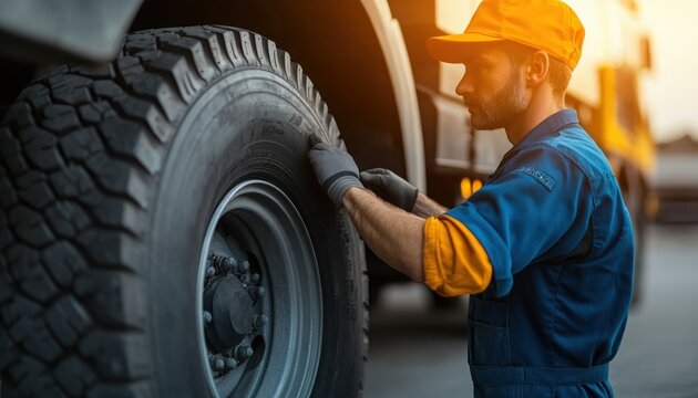 A mechanic inspecting a large truck tire during sunset, showcasing essential maintenance in the transportation industry.