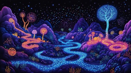 Obraz premium Create a dreamlike landscape with glowing neural pathways intertwining like rivers, vibrant bioluminescent hues, intricate details