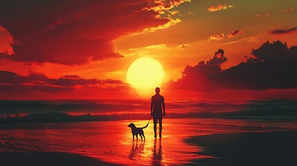 sunset on beach with silhouettes of man and dog representing outdoor leisure nature landscape evening sky friendship pet companion and peaceful scenery concept