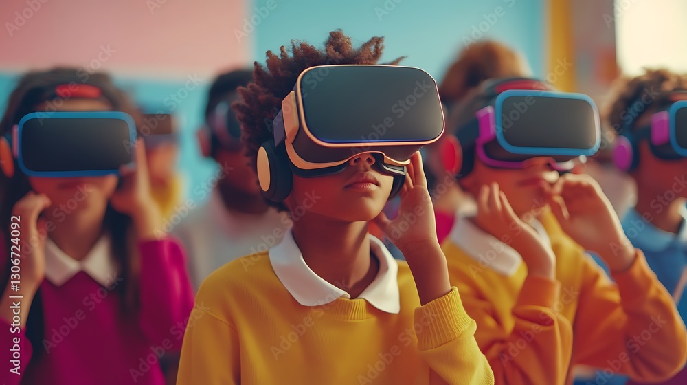 Poster students using virtual reality headsets in classroom representing multicultural education technology