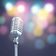 realistic photo of microphone on stage with blurred background, creating inviting atmosphere for performances and events