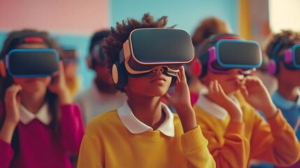 students using virtual reality headsets in classroom representing multicultural education technology digital learning interactive study future classroom and student engagement concept