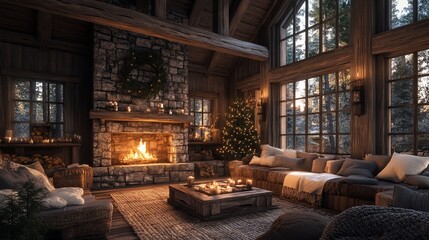 Cozy cabin living room with a warm fireplace, decorated for the holidays, surrounded by nature