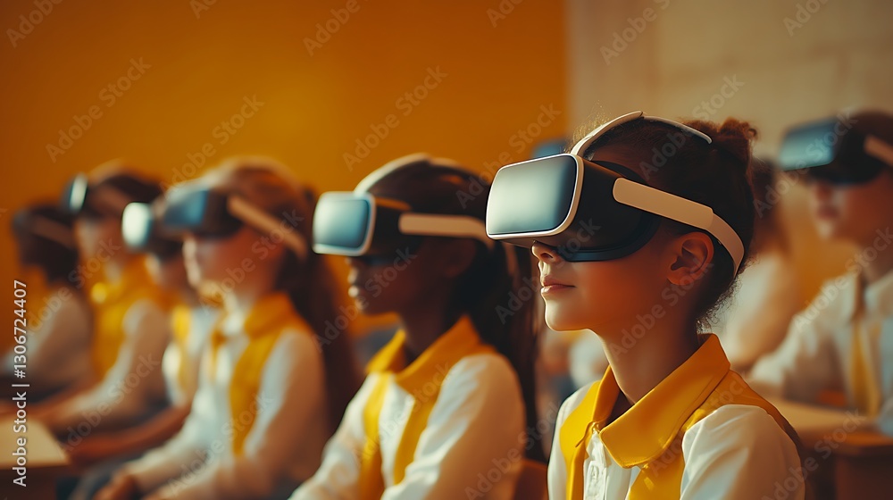 Poster students using virtual reality headsets in classroom representing multicultural education technology