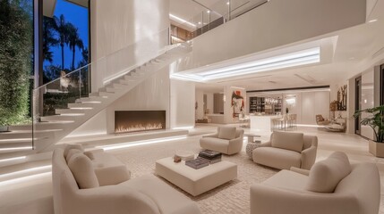 Modern luxury home interior, night view, open floor plan, living room
